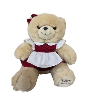 Fluffy Friends Teddy Bear Plush Tan Red Corduroy Dress White Pinafore 11 Inch